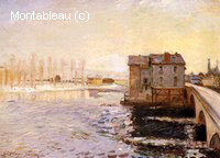 Le Pont et les Moulins de Moret sous la Neige